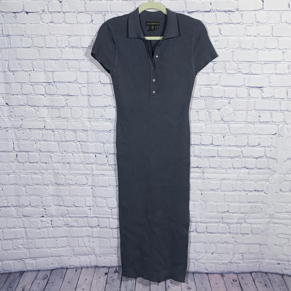 House of Harlow 1960 Ribbed Polo Midi Dress Blue Size M Fitted Casual Minimalist